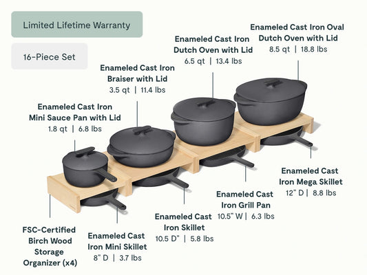 Deluxe Enameled Cast Iron Set - 16-Piece Set With Complimentary Storage Organizer - US 6138