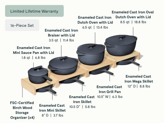 Deluxe Enameled Cast Iron Set - 16-Piece Set With Complimentary Storage Organizer - US 2333