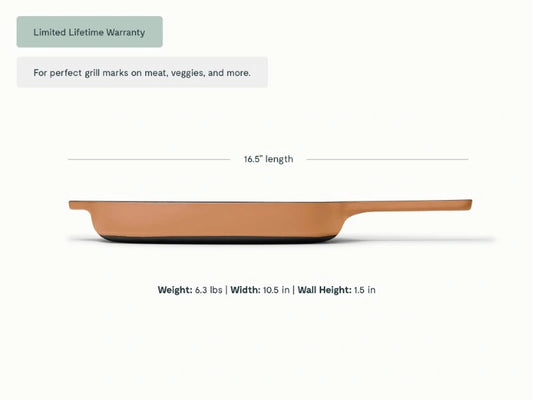 10.5” Enameled Cast Iron Grill Pan - 10.5” Grill Pan with high ridges for perfect sear marks on meats and veggies. - US 1600