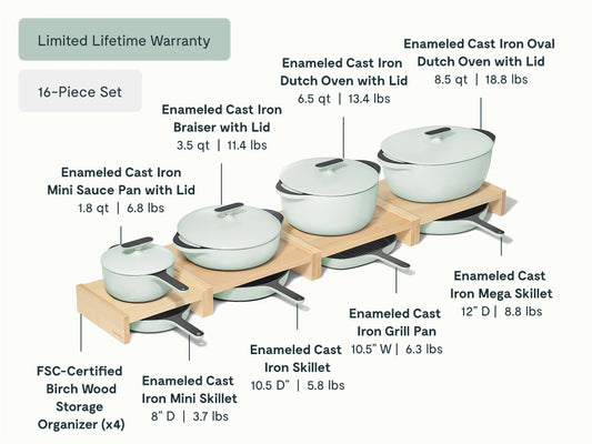 Deluxe Enameled Cast Iron Set - 16-Piece Set With Complimentary Storage Organizer - US 5572