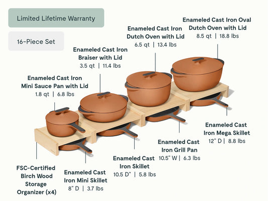 Deluxe Enameled Cast Iron Set - 16-Piece Set With Complimentary Storage Organizer - US 0230