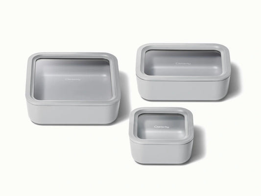 Food Storage Trio - Trio of ceramic-coated glass containers including our Small, Medium, and Large size all built for clean storing. - US 8554