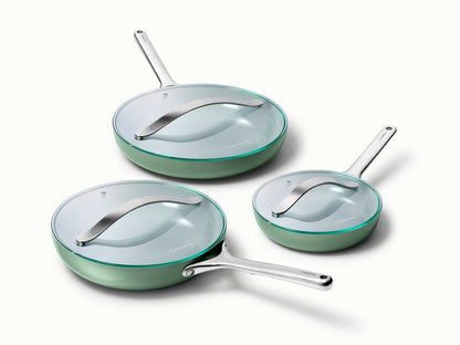 Fry Pan Trio with Glass Lids - 6-Piece Set of Ceramic-Coated Pans With Glass Lids - US 3230
